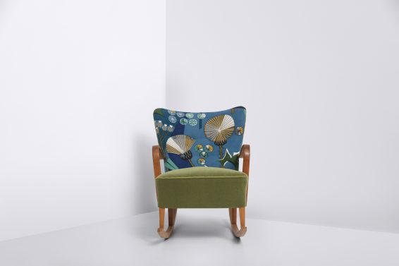 Danish Produced Rocking Chair, 1940s, Green and Floral Upholstery