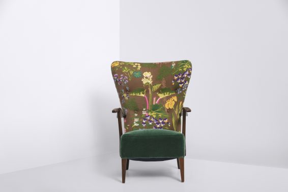 Danish produced lounge chair, 1940s. Upholstered with original floral “Rhubarb” textile by Gocken Jobs